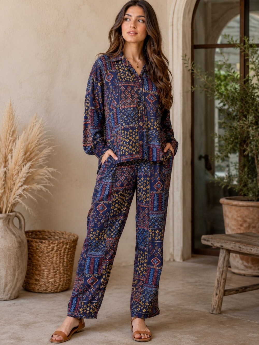 NwT Rhea Made In INDIA Navy Patchwork-Print Set SIZE SMALL